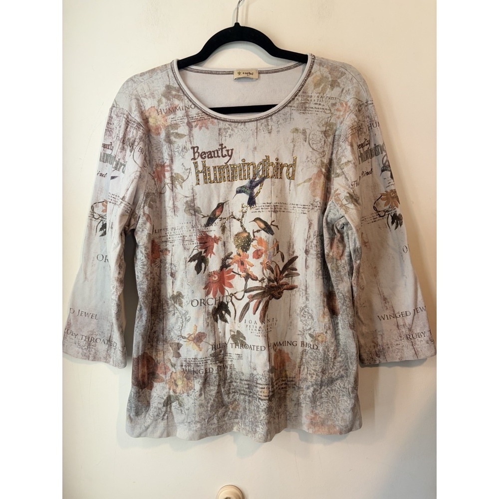 Y2K Cactus Beauty Hummingbird Graphic Tee XL Beige Rhinestone Top Cottagecore
